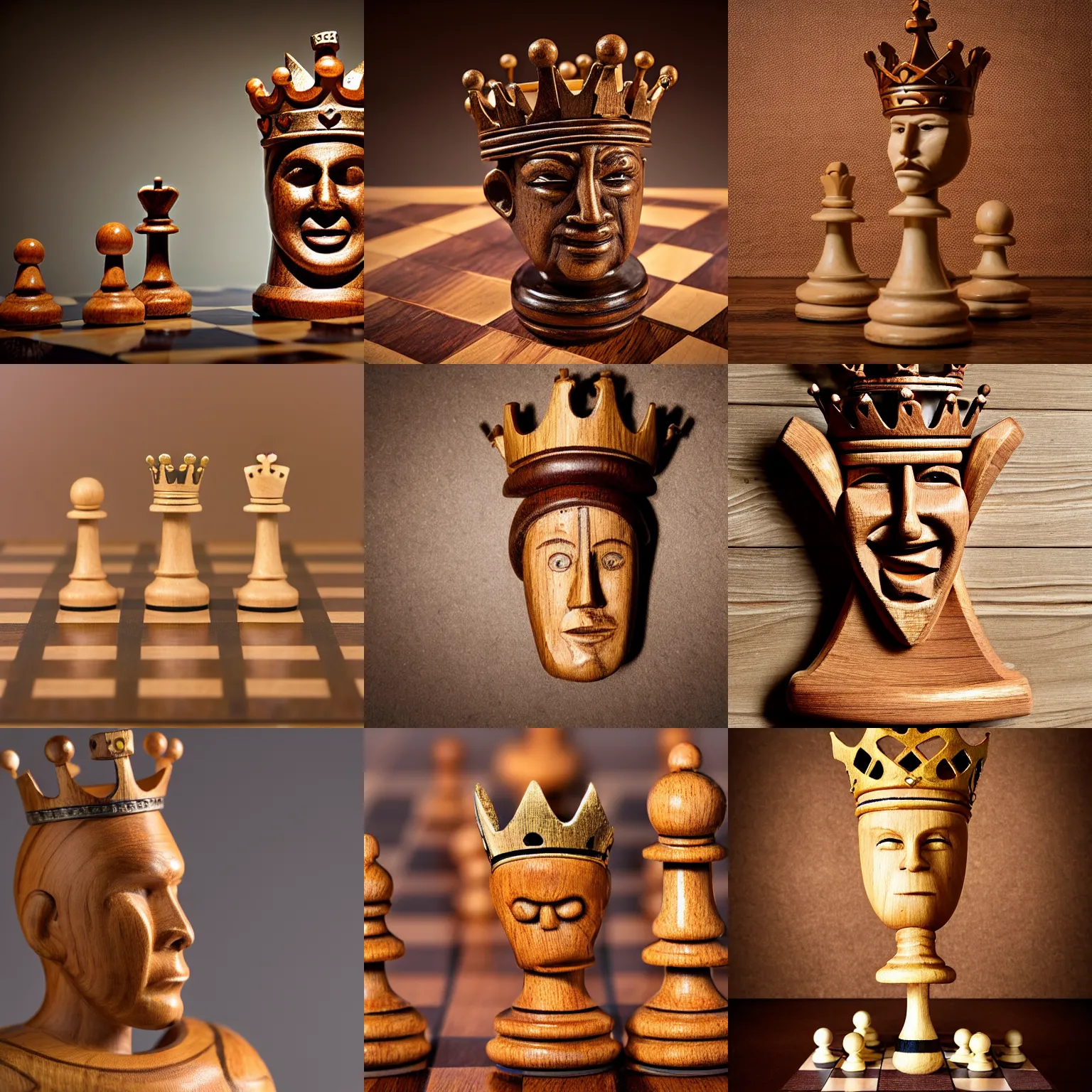 Prompt: product photograph of a chess king piece, made of wood, it has a face, it is wearing a crown, on a chess board, full piece, highly detailed, studio lighting