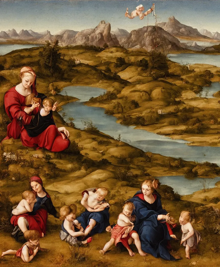 Prompt: Madonna sitting and playing with two small boys in a dried out meadow, boy holding cross, lake, mountains, town in background, in the style of Raffael, oil painting, Italian Renaissance