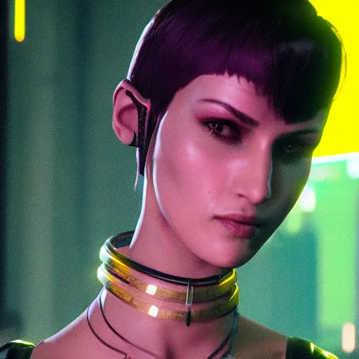 Prompt: female V from Cyberpunk 2077 wearing spiked choker, collar, choker, punk, collar, 4K