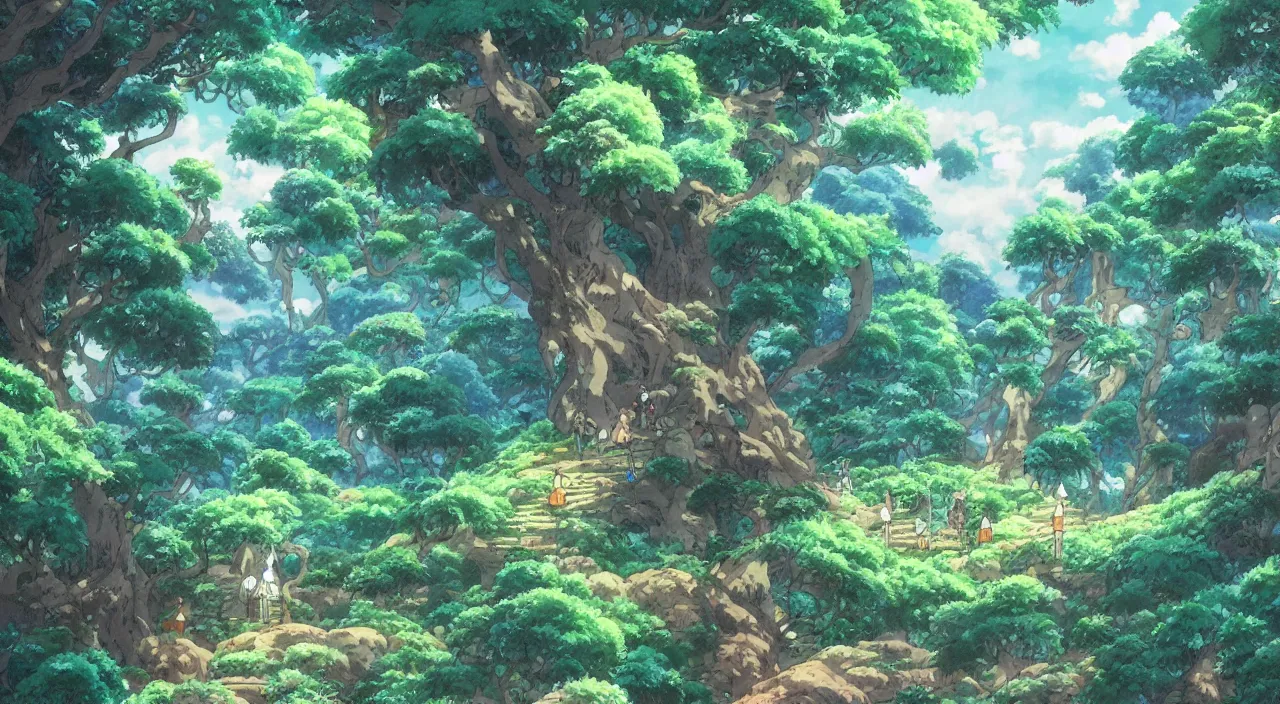 Image similar to studio ghibli anime still of a fantasy forest, magical creatures, mythical, key anime visuals