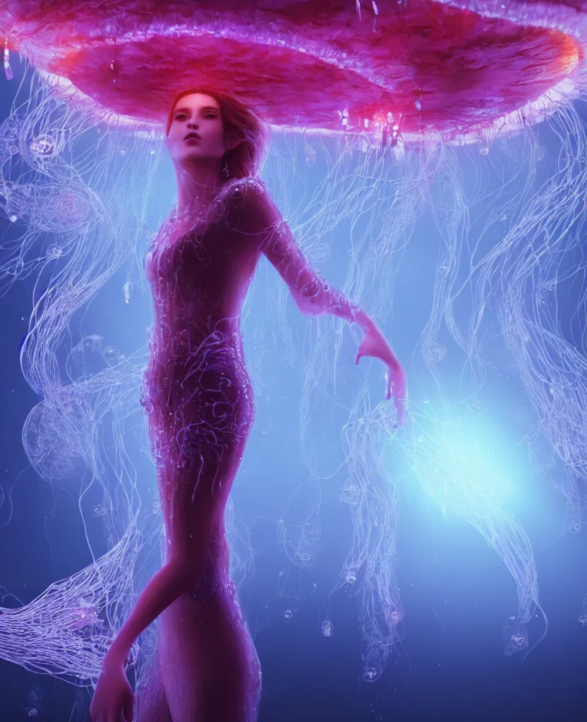 Image similar to close-up portrait of a beautiful princess floating in ethereum surrounded by floating jellyfish, energy flows of fire and water, flashes of plasma, 3d with depth of field, blurred background, a highly detailed epic cinematic concept art CG render. made in Maya, Blender and Photoshop, octane render, excellent composition, cinematic dystopian brutalist atmosphere, dynamic dramatic cinematic lighting, aesthetic, very inspirational, arthouse. y Greg Rutkowski, Ilya Kuvshinov, WLOP, Stanley Artgerm Lau, Ruan Jia and Fenghua Zhong