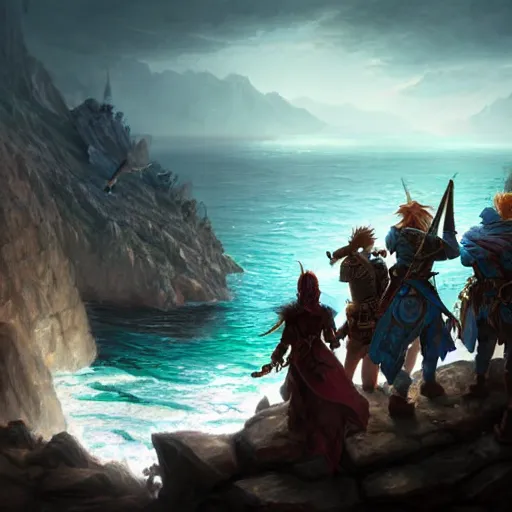 Image similar to D&D adventuring party facing away on cliff overlooking shipwreck, naval background, portrait, magic the gathering artwork, D&D, fantasy, cinematic lighting, centered, symmetrical, highly detailed, digital painting, artstation, concept art, smooth, sharp focus, illustration, volumetric lighting, epic Composition, 8k, art by Akihiko Yoshida and Greg Rutkowski and Craig Mullins, oil painting, cgsociety