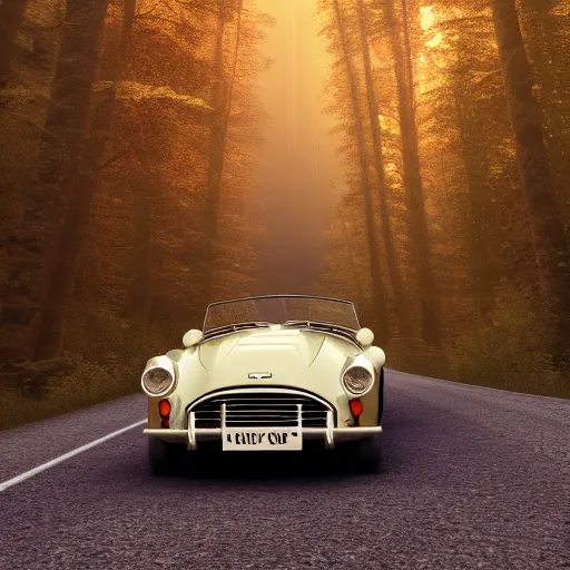 Image similar to octane render of a Triumph TR250 driving on narrow winding road in a mixed mesophytic forest, photorealistic, Car & Driver, trending on ArtStation