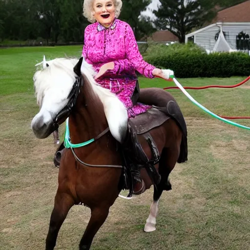 Image similar to betty white riding a unicorn