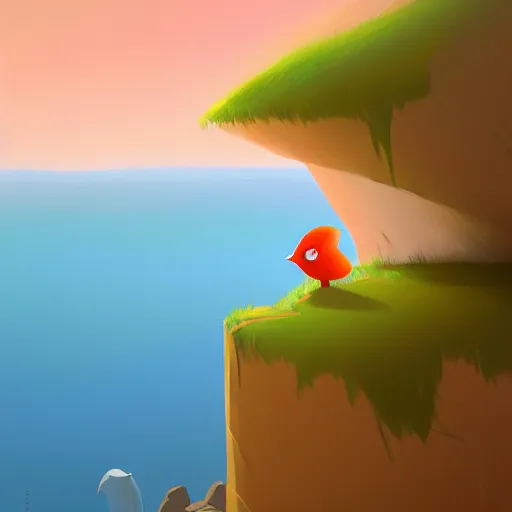 Prompt: goro fujita ilustration a cute little bird on the edge of a cliff overlooking the ocean, painting by goro fujita, sharp focus, highly detailed, artstation