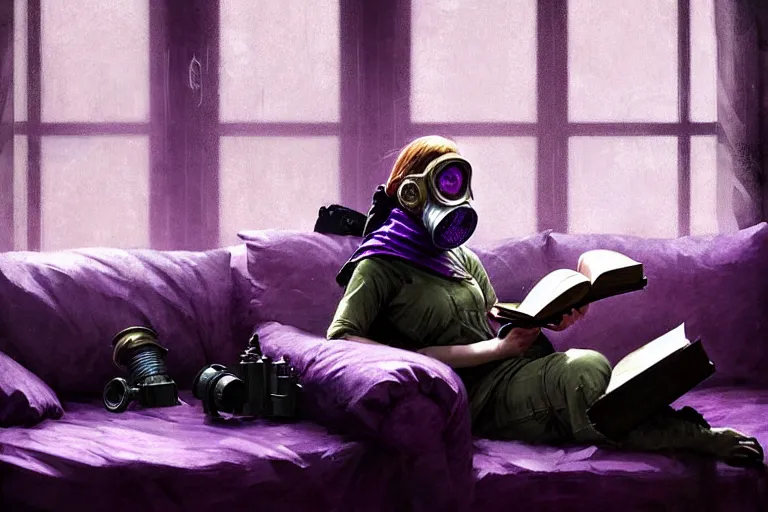 Image similar to girl with wearing a gas mask lying on the sofa reading a book in her room, in the style of greg rutkowski, intricate and epic composition, purple by caravaggio, insanely quality, highly detailed, masterpiece, purple light, artstation, 4 k