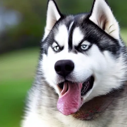 Image similar to a siberian husky with heterochromia eating a pile of shit