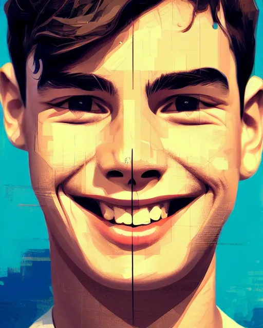 Image similar to digital art of smiling boy, illustration, highly detailed, simple, no jagged lines, smooth, artstation, artwork by obey, artwork by sandra chevrier