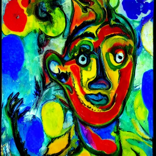 Image similar to a painting of a person with many different colors, an abstract painting by affandi, pixiv, neo - expressionism, grotesque, fauvism, artwork