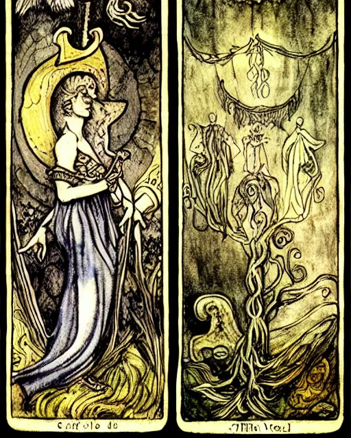 Image similar to tarot card detailed painting, illustration, tarot card framing with roman numbers, in style of Arthur Rackham