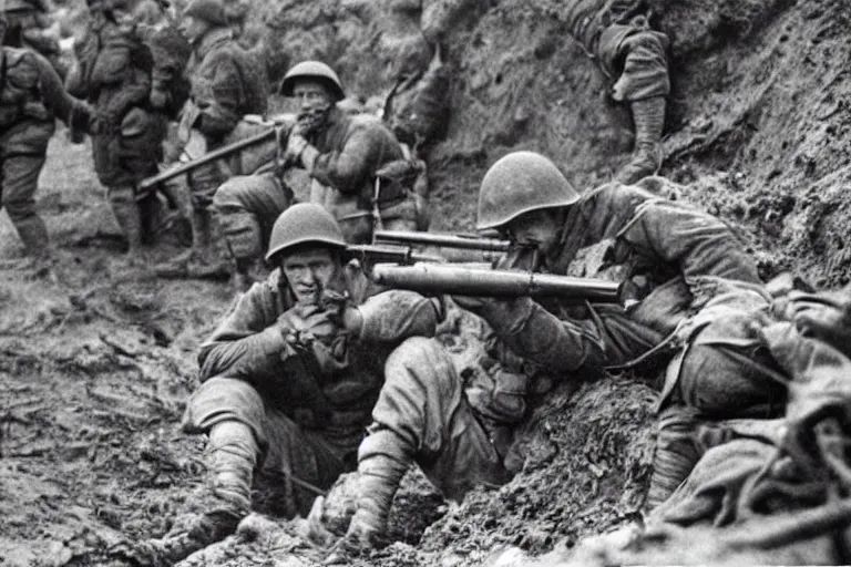 Prompt: Mark Rutte screaming and fighting while holding rifle in trenches World War 1, war photography,