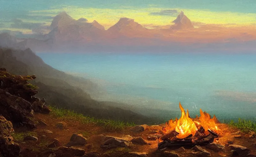 Image similar to small campfire on a hill overlooking the ocean, close up shot, at dusk, distant mountains, 4k, rule of thirds, extreme detail, hazy water, intricate ink illustration, trending on artstation, cgsociety, hd, calm, complimentary colours, realistic lighting, by Albert Bierstadt, Frederic Edwin Church.