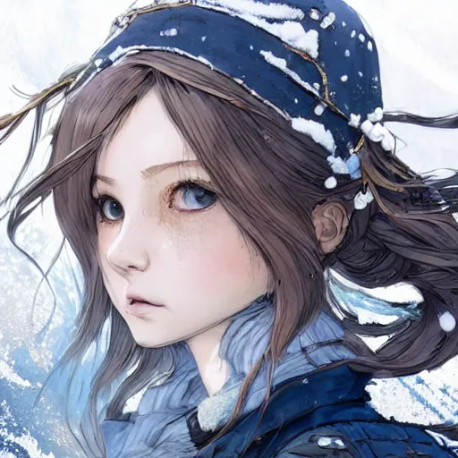 Prompt: highly detailed portrait of a young frostpunk lady with wavy blonde hair, by Dustin Nguyen, Akihiko Yoshida, Greg Tocchini, Greg Rutkowski, Cliff Chiang, 4k resolution, nier:automata inspired, bravely default inspired, vibrant but dreary blue, brown, black and white color scheme!!! ((Ice and snow covered background))