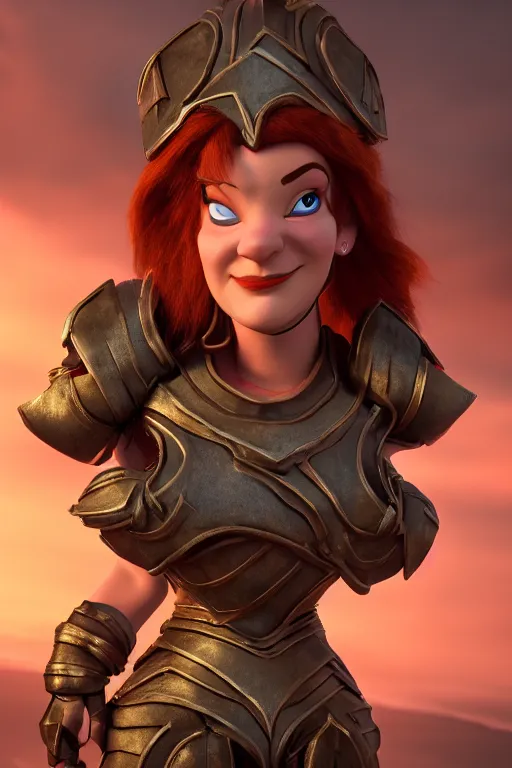 Image similar to fantasy dwarf woman with iron plate armor with a mean face l | stylized | art style of disney pixar movie | HD 8k | rendered by octane