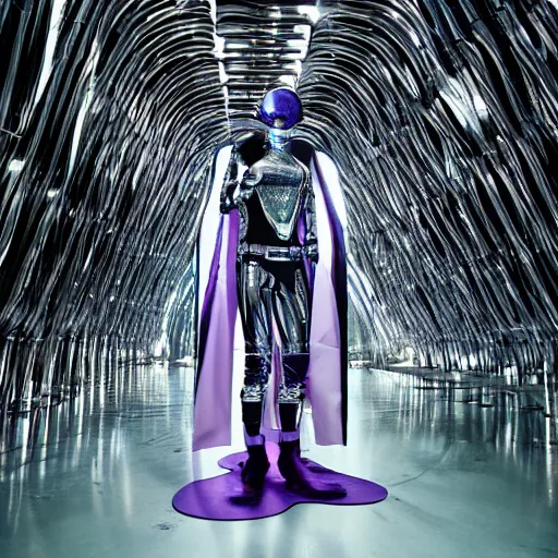 Image similar to conde nast traveler photo, inside a futuristic minimalist alien jungle made out of shiny reflective chrome, futuristic android with limbs made out of stretchy rubber tubing mixed with shiny colorful giant intricate detailed chrome gauntlets and chest piece and gladiator helmet, wearing a long purple velvet cape, fog and mist