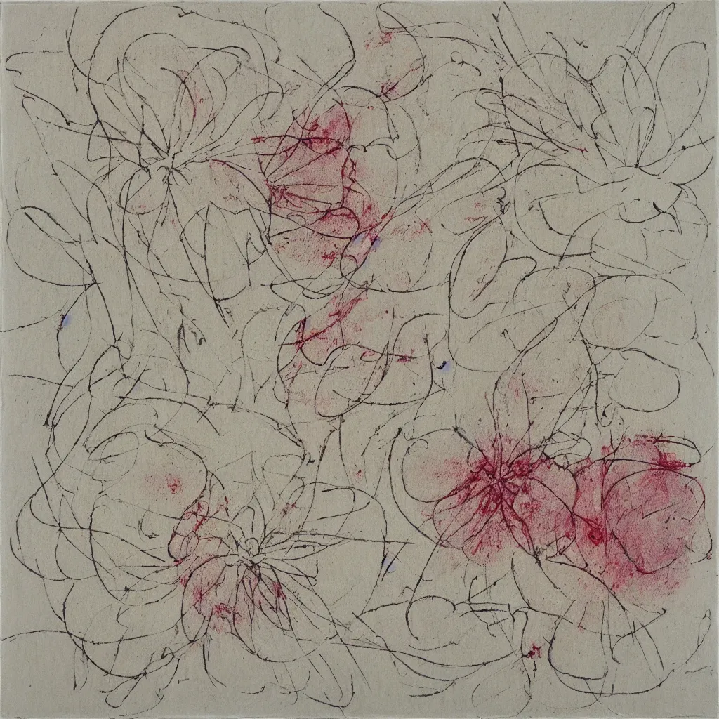 Prompt: a drawing on squared paper representing flower and stain and scribbles by cy twombly, gallery art, contemporary
