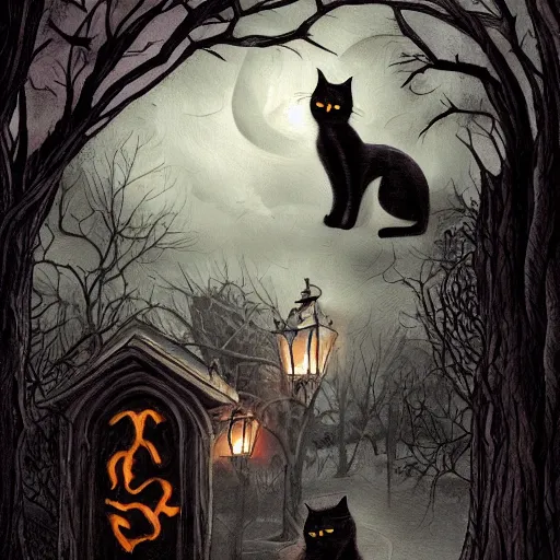 Image similar to black cat in graveyard at midnight halloween tattoo on shoulder by anton pieck, intricate, extremely detailed, digital painting, artstation concept art