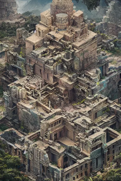 Prompt: beautiful matte painting intricate ruins and rubble, sharp focus, ultra detailed by alex grey and beeple