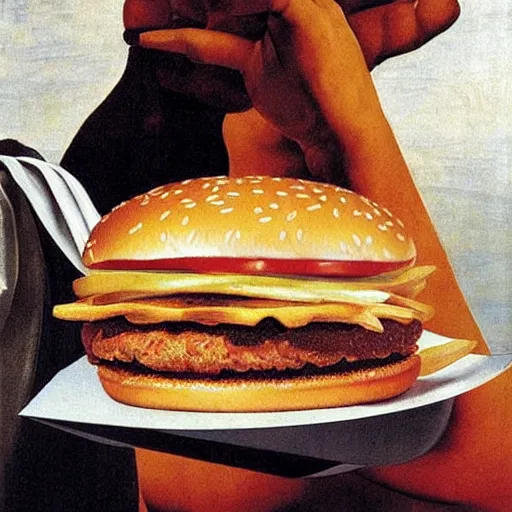 Prompt: mcdonalds big mac value meal advertisement, painting by caravaggio