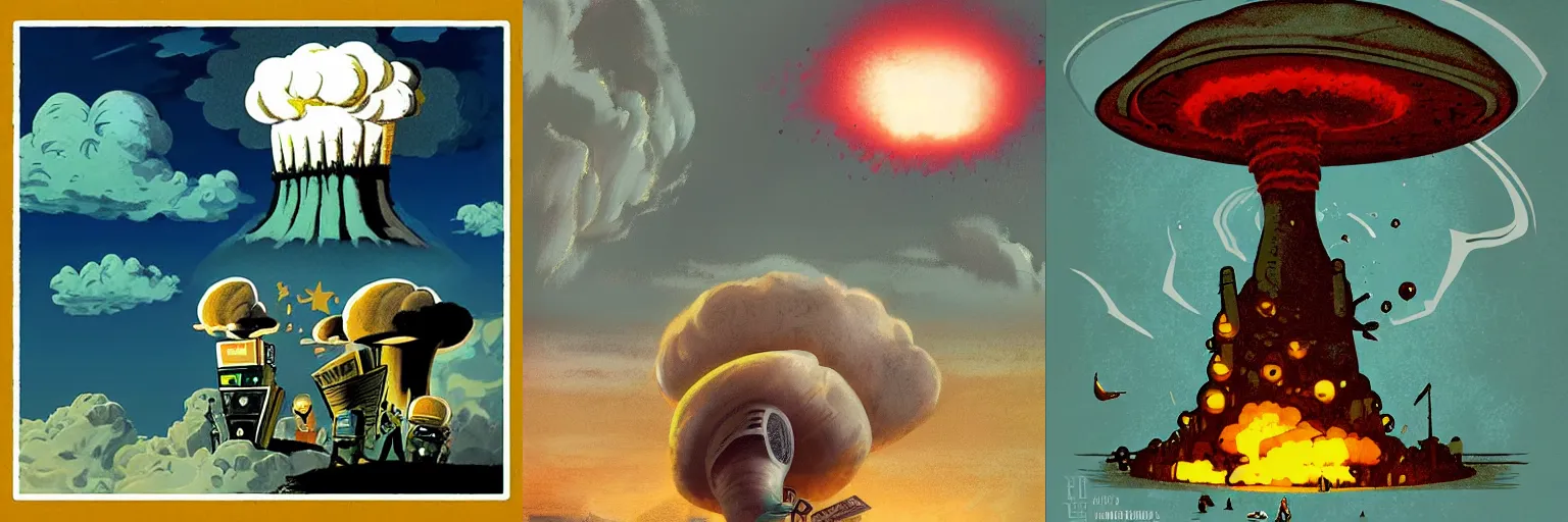 Prompt: Reading books under the mushroom cloud of nuclear bomb, artstation, illustration, concept art, Lo-Fi, lofi