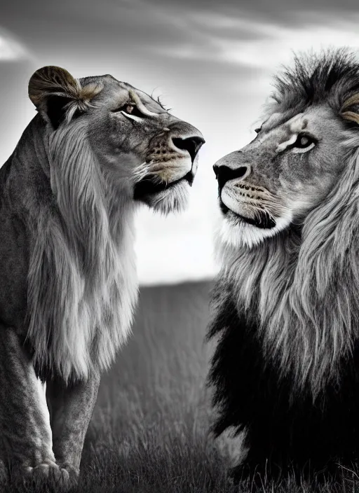 Image similar to close up lion and lioness black and white portrait white sky in background