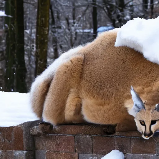 Prompt: fullbody photo still of sleepy drunk fat chubby caracal, lying sleeping on snowy ice, wearing coat, big stomach, fullbody, sunny winter day