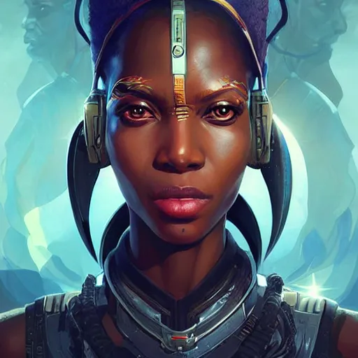 Image similar to african space pirate, science fiction, highly detailed, digital painting, beautiful eyes, symmetry, concept art, sharp focus, illustration, global illumination, radiant light, detailed and intricate environment, art by artgerm and greg rutkowski and magali villeneuve and ilya kuvshinov!