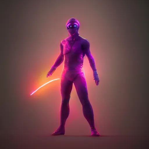 Image similar to ninja surrounded by purple aura, glowing red eyes, full body shot, menacing, stylized, octane render, artstation, digital art, digital painting, devian art