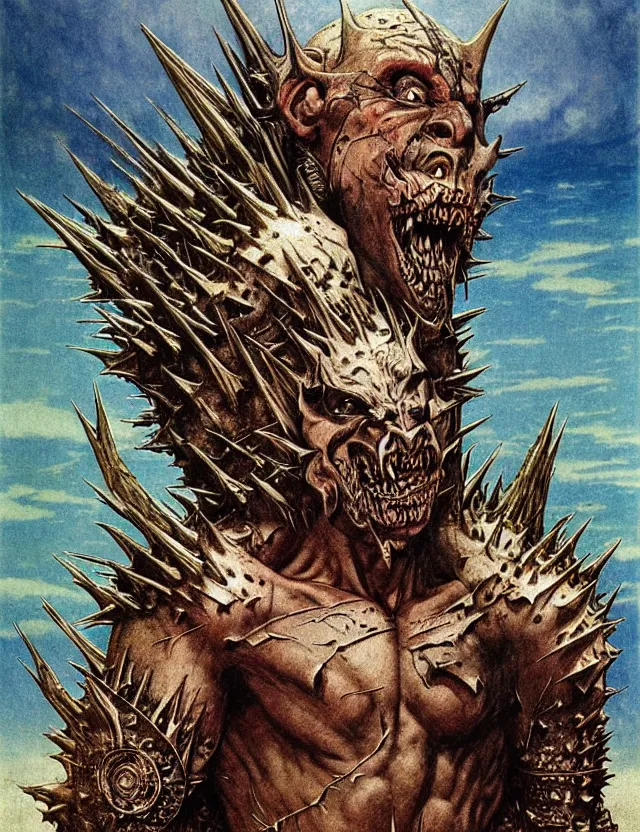 Image similar to A powerful large fanged orc with pale skin covered in scars stands near the mountains, wearing spiky complex detailed armor without a helmet. Extremely high detail, realistic, fantasy art, scars, solo, masterpiece, saturated colors, art by Zdzisław Beksiński, Arthur Rackham