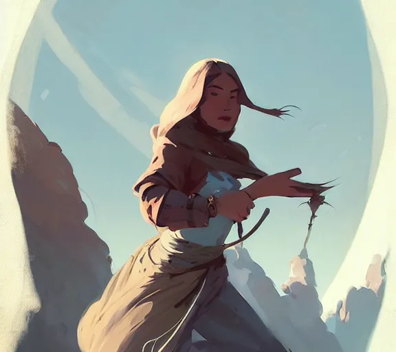 Prompt: painted woman adventurer on her journey, fantasy, by atey ghailan, by greg rutkowski, by greg tocchini, by james gilleard, by joe fenton, by kaethe butcher, hearthstone, art by artgerm dynamic lighting, gradient light blue, brown, blonde cream and white color scheme, grunge aesthetic