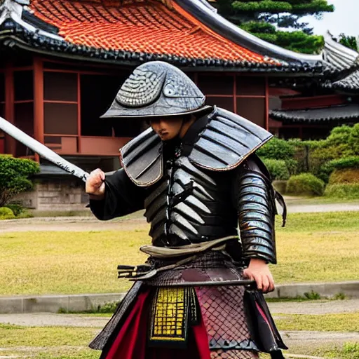 Image similar to samurai with helmet and sword in fighting position, asian styled house in background