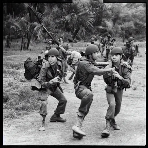 Image similar to BTS boyband fighting in the Vietnam war, historical photo, vintage photo, 1965