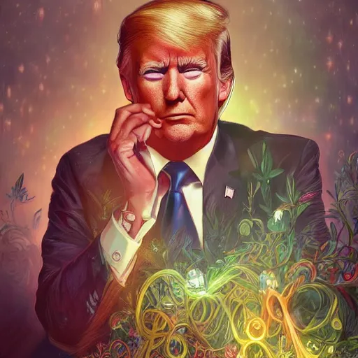 Prompt: ultra realistic illustration of magical president trump, forest, fantasy, colorful lights, intricate, elegant, highly detailed, digital painting, artstation, concept art, smooth, sharp focus, illustration, art by artgerm and greg rutkowski and alphonse mucha