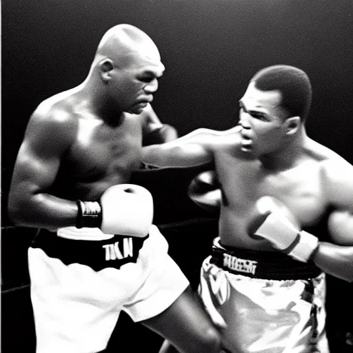 Image similar to mike Tyson fighting Mohammad ali in a boxing match, black and white, 1940s, grain, old photo