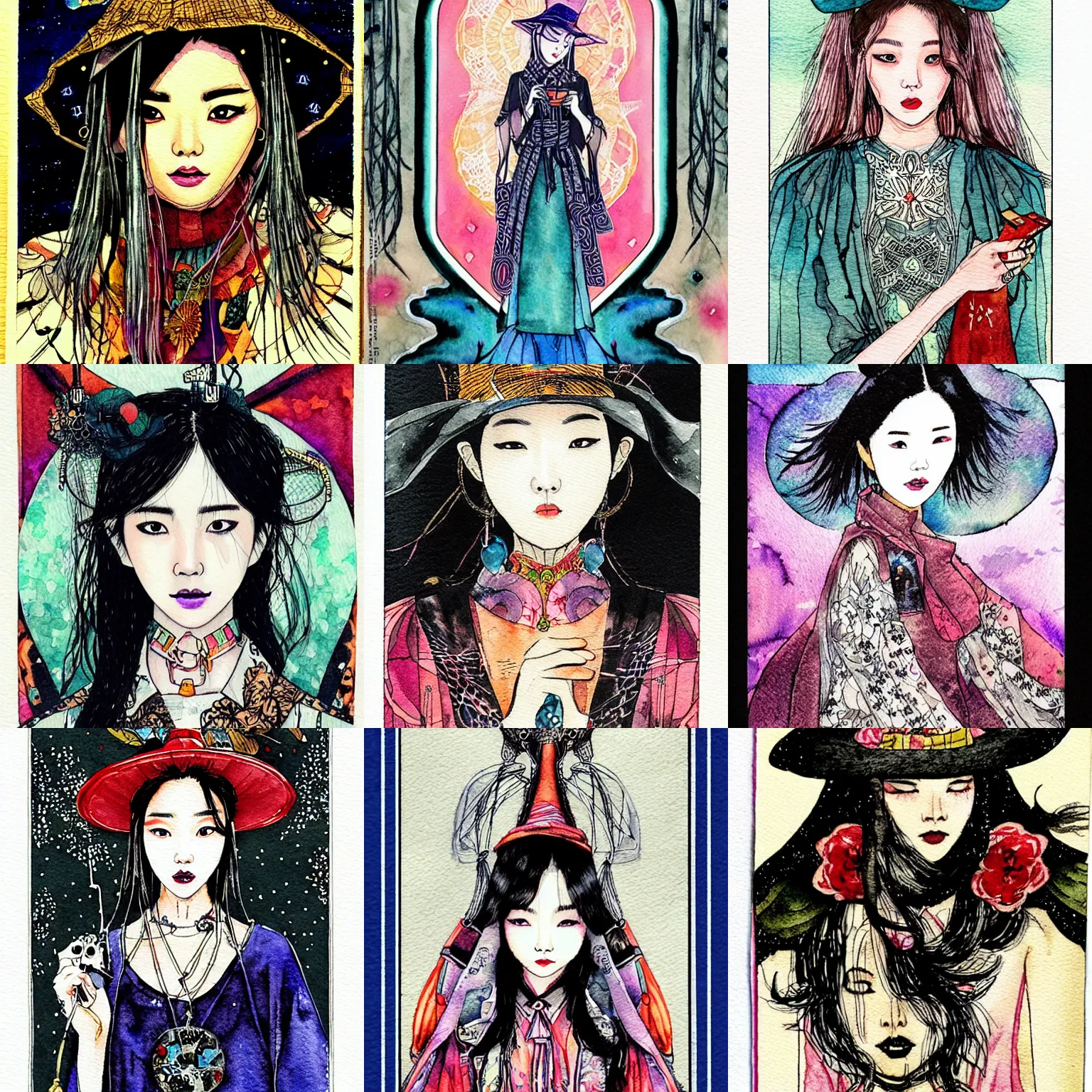 Prompt: korean women's fashion machine witch tarot card, intricate watercolor portrait by tim doyle