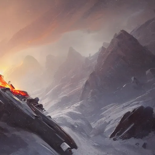 Image similar to a crashed starship burning in a blizzardy mountain scenery, Matte painting , detailed painting, greg rutkowski