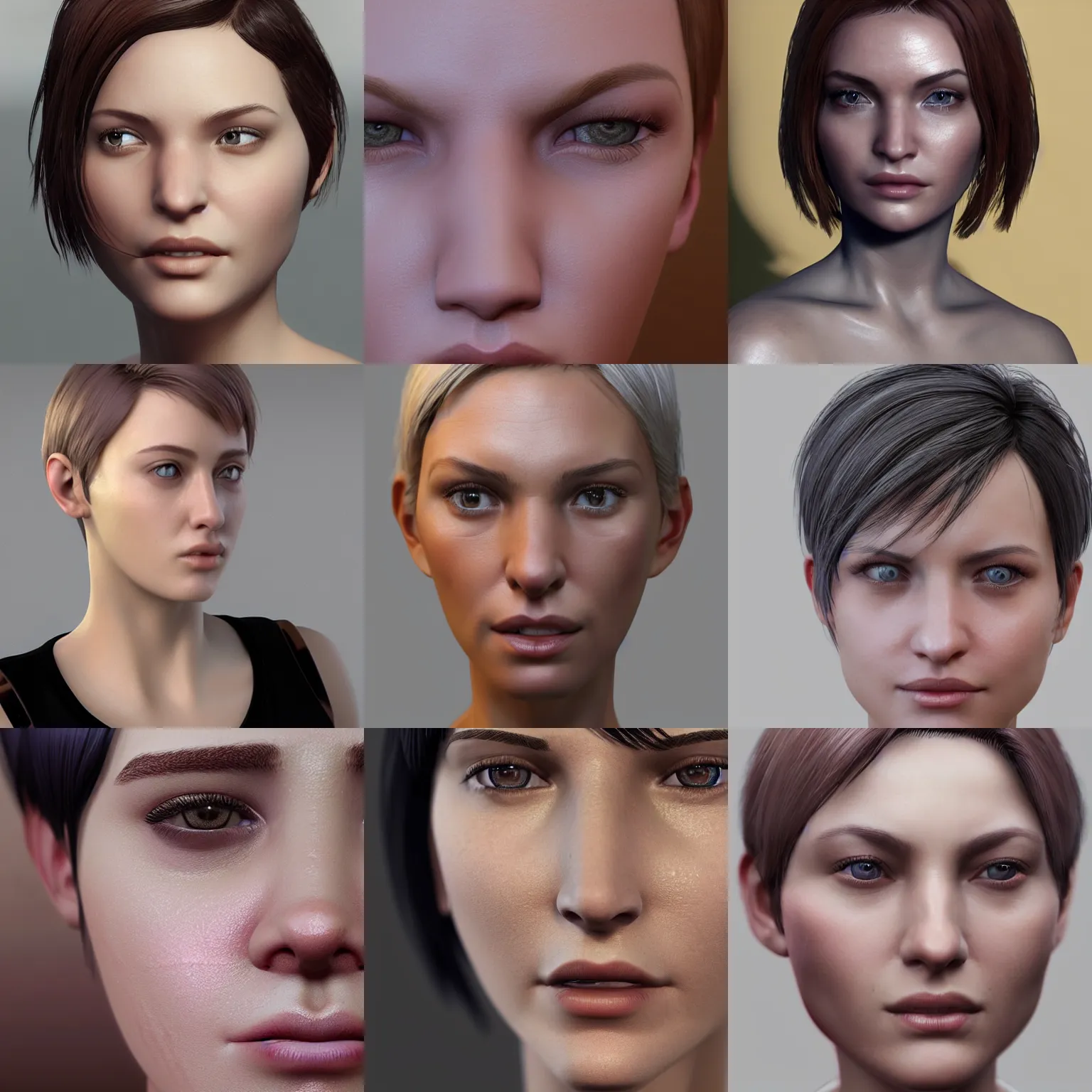 Prompt: a close up of a woman's face with short hair, a computer rendering by senior character artist, cgsociety, photorealism, daz3d, rendered in unreal engine, prerendered graphics