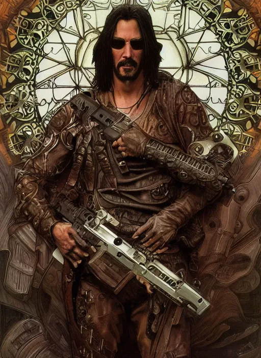 Prompt: Keanu Reeves as God of Guns, brutal, epic, intricate, elegant, highly detailed, digital painting, 4k, HDR, concept art, smooth, sharp focus, illustration, art by alphonse mucha,artgerm, H R Giger