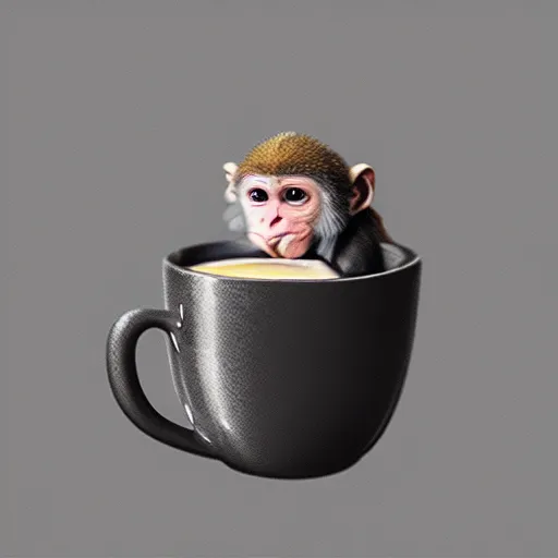 Image similar to “tiny monkey living in a coffee cup, studio lighting, award winning, digital art, artstation”