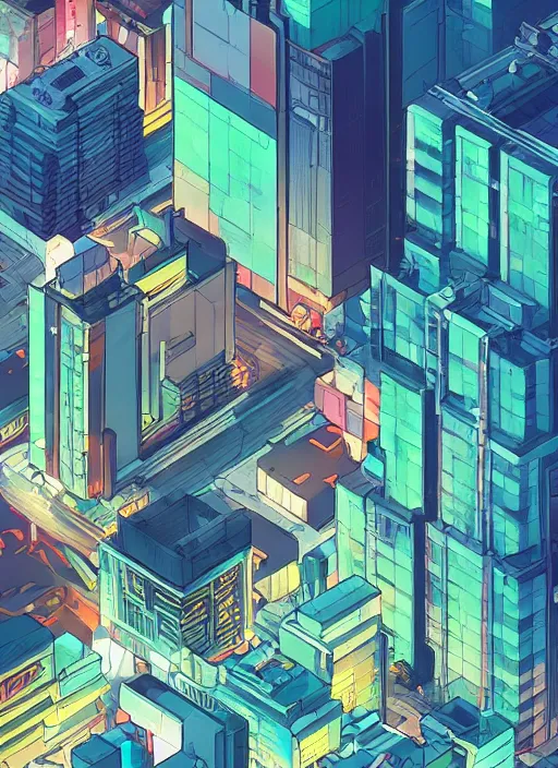 Prompt: axonometric isometric cityscape with cmyk palette by makoto shinkai, ilya kuvshinov, lois van baarle, rossdraws, basquiat | afrofuturism, in the style of hearthstone, trending on artstation | dark color scheme