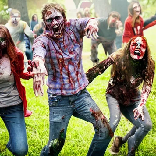 Prompt: zombies chasing a group of college students in science class