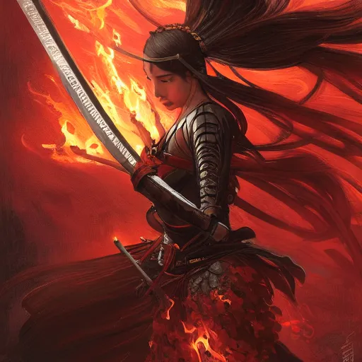 Image similar to a detailed picture of a female ninja holding a flaming katana, ominous nighttime storm, fantasy, d & d, intricate, elegant, highly detailed, digital painting, artstation, concept art, matte, sharp focus, illustration, art by john collier and albert aublet and krenz cushart and artem demura and alphonse mucha