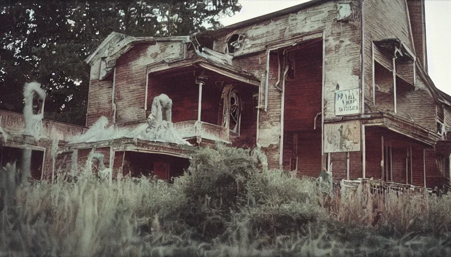 Image similar to 7 0 s film still from a horror movie about haunted house ride and monsters, kodachrome, cinecolor, cinestill, film grain, film texture, retro, cinematic, high resolution, photorealism,