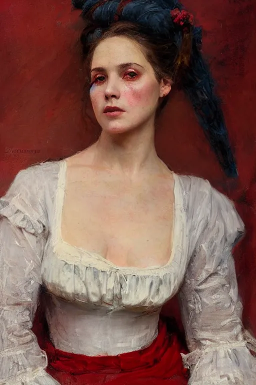 Image similar to Solomon Joseph Solomon and Richard Schmid and Jeremy Lipking victorian genre painting full length portrait painting of a young beautiful woman traditional german french pirate wench in fantasy costume, red background