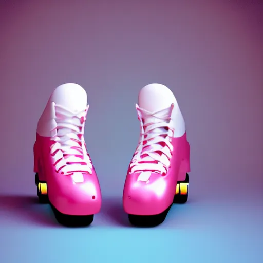 Prompt: a pair of white retro! roller skates with cyan wheels on a pedestal!! in an empty white room, octane render, 3 d, pink lightning, neon!! light