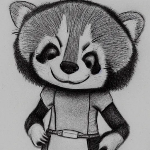 Prompt: Anthropomorphic red panda in 1960 clothes, Disney animation art pencil sketch