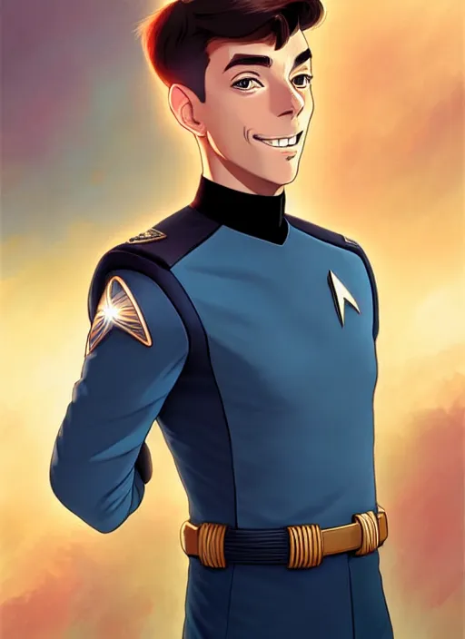 Image similar to cute star trek officer kai havertz, natural lighting, path traced, highly detailed, high quality, digital painting, by don bluth and ross tran and studio ghibli and alphonse mucha, artgerm