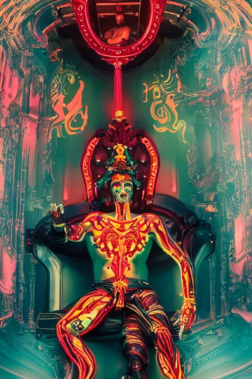 Image similar to full-body rococo and cyberpunk style neon statue of a muscular attractive Spanish papi sim roupa macho dotado e rico android sim roupa reclining con las piernas abiertas e la piroca dura e afuera, glowing red laser eyes, prince crown of red gears, diamonds, swirling black-colored silk fabric. futuristic elements. full-length view. aggressive space robots. giant balloon animals. human skulls. intricate artwork by caravaggio. Trending on artstation, octane render, cinematic lighting from the right, hyper realism, octane render, 8k, depth of field, 3D