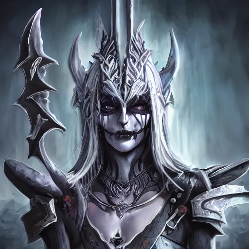 Prompt: dark elf death knight, artstation hall of fame gallery, editors choice, #1 digital painting of all time, most beautiful image ever created, emotionally evocative, greatest art ever made, lifetime achievement magnum opus masterpiece, the most amazing breathtaking image with the deepest message ever painted, a thing of beauty beyond imagination or words