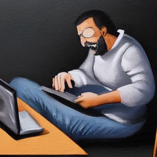 Image similar to a man sitting at his computer with a rolling tray and a pile of weed ground up in front of him, painting